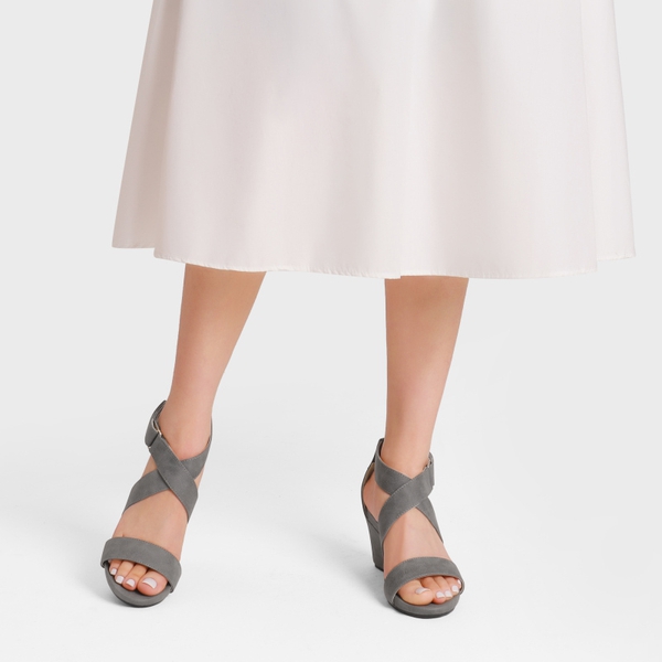 Elastic Ankle Strap Wedge Sandals - GREY NUBUCK - 1
